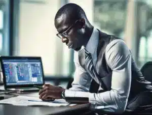 Un comptable tenant la comptabilité d'une entreprise.