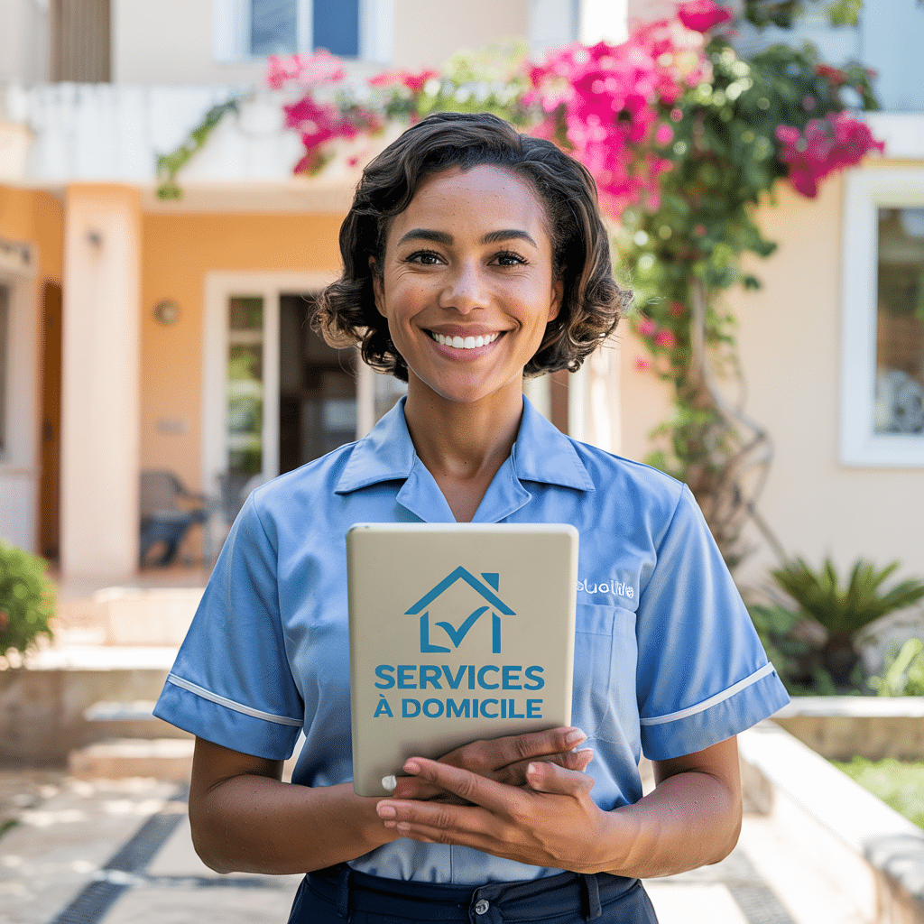l'image montre une prestataire de services à domicile tenant le guide